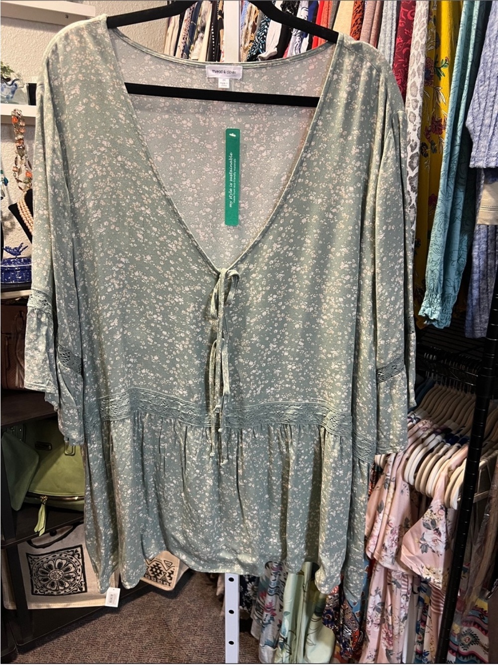 Women's Sage Floral Tie-Front Boho Tunic